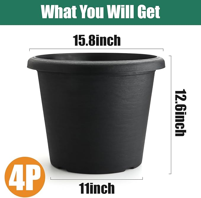 BTPLASTIK Heavy-Duty 4 Pack 16 Inch Plastic Planter Pots with Drainage Holes - Textured Cement Design, 30L Capacity, Large Durable Garden Container for Plants