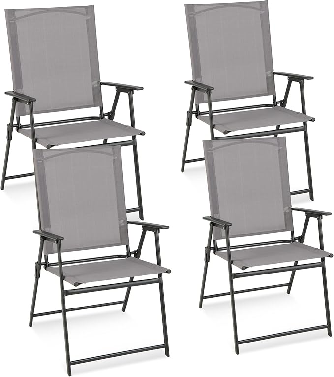 Tangkula Set of 4 Patio Folding Chairs, High Back Dining Chairs with Weather-Resistant Fabric, No Assembly, Outdoor Portable Metal Lawn Chairs with Armrests & Footrest for Garden
