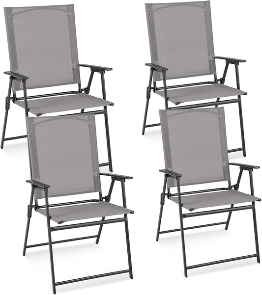 Tangkula Set of 4 Patio Folding Chairs, High Back Dining Chairs with Weather-Resistant Fabric, No Assembly, Outdoor Portable Metal Lawn Chairs with Armrests & Footrest for Garden