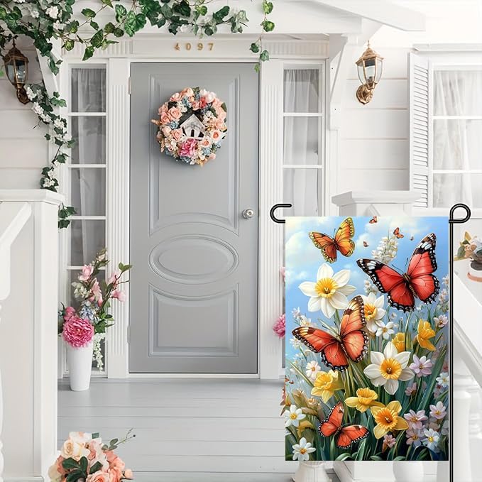Spring Summer Garden Flag 12x18 Double Sided, Small Burlap Outdoor Butterfly Flowers Yard Lawn Porch Flags Spring Summer Decorations for Outside
