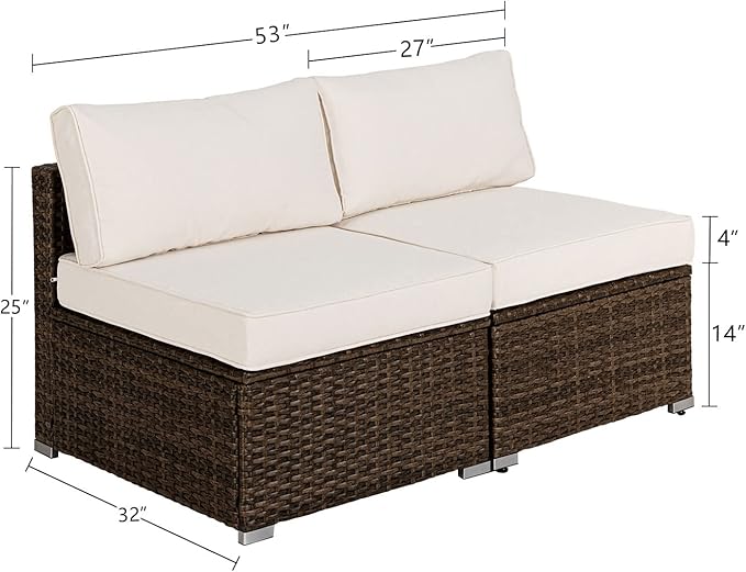 COSIEST 2-Piece Outdoor Furniture Add-on Armless Chairs for Expanding Wicker Sectional Sofa Set w Off White Thick Cushions for Garden, Pool, Backyard