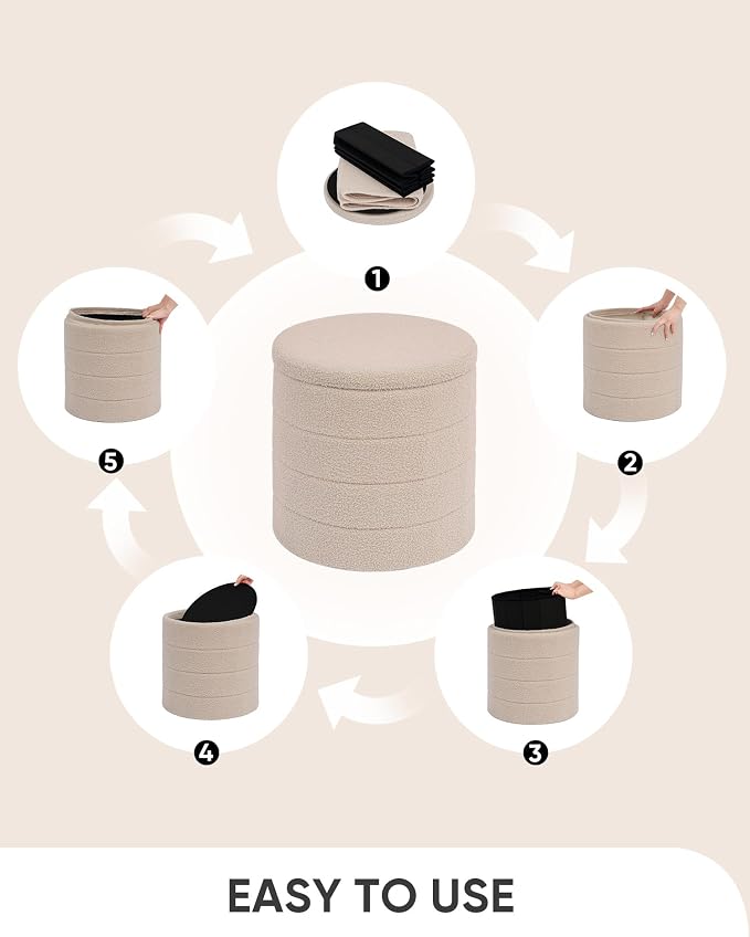 B FSOBEIIALEO Folding Storage Ottoman, Round Sherpa Ottomans, Beige