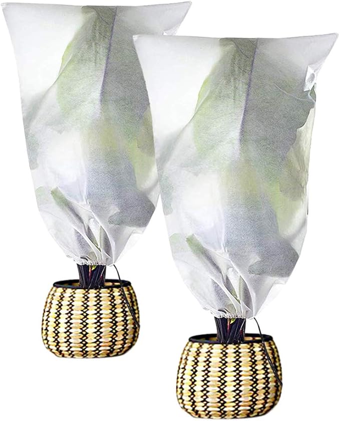 Agfabric Plant Covers Freeze Protection H32 xW32 0.9oz Plant Frost Protection Covers Plant Protection Winter Cover Drawstring Bags,White,2 Pack