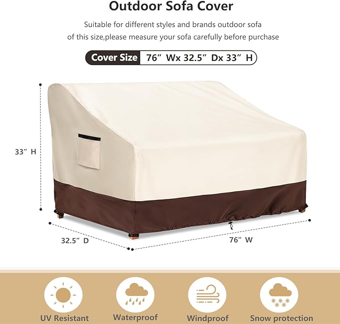 3-Seater Patio Sofa Cover, 600D Heavy Duty Waterproof Outdoor Sofa Covers, 76 W x 32.5 D x 33 H Inches Outdoor Couch Cover, Patio Furniture Covers, Lvory&Brown