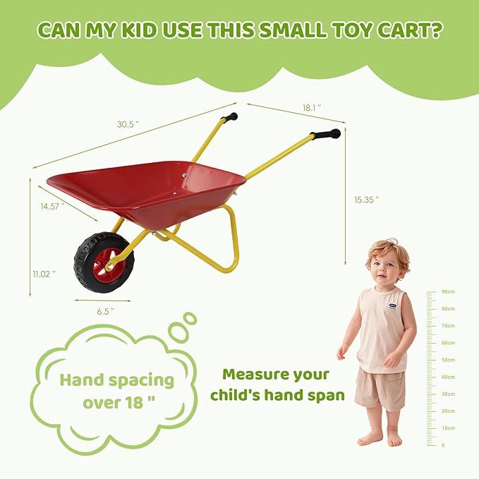 Kids Metal Wheelbarrow with Single Wheel,Children Garden Cart with Steel Tray and Non-Slip Handles, Sturdy Outdoor Yard Toy for Toddlers, Ideal for Sand, Leaves, and Soil (Red-Wheelbarrow)