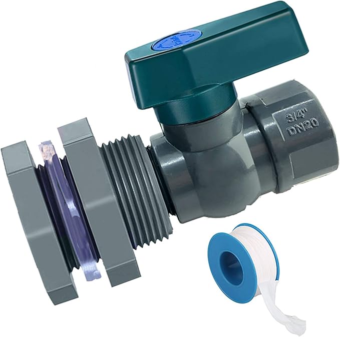 Rain Barrel Drain Valve Kit, 3/4" PVC Garden Spigot with Bulkhead Fitting, Thread Seal Tape