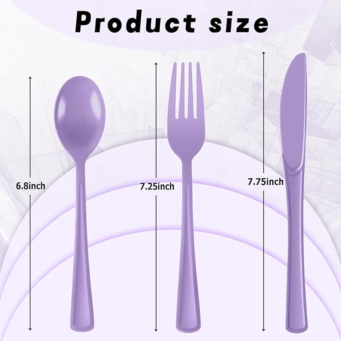 Plastic Silverware 150 PCS Disposable Silverware Heavy Duty Utensil Sets 50 Of Each Forks Knives & Spoons Disposable Cutlery Set For Easter,Birthday,Baby Shower,Garden Party,Wedding(150,Lavender)