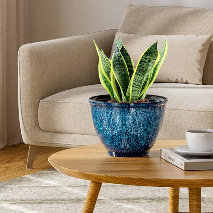 Vanslogreen 8 Inch Glazed Plastic Plant Pots, Set of 4 Planters with Drainage Holes - Indoor/Outdoor Flower Pots for Succulents, Herbs, Home Decor(Blue)