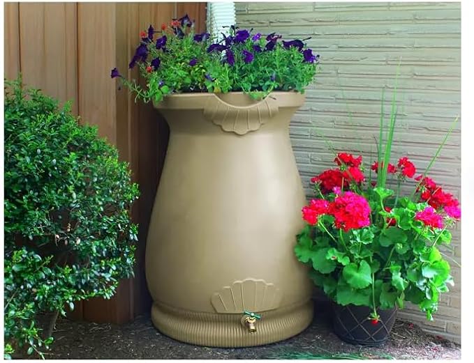Rain Wizard Decorative Urn Rain Barrel, Durable polyethylene Resin, with Brass Spigot, Flat-Back Design,Perfect for Gardening Any Home (Khaki, 65 Gallon)
