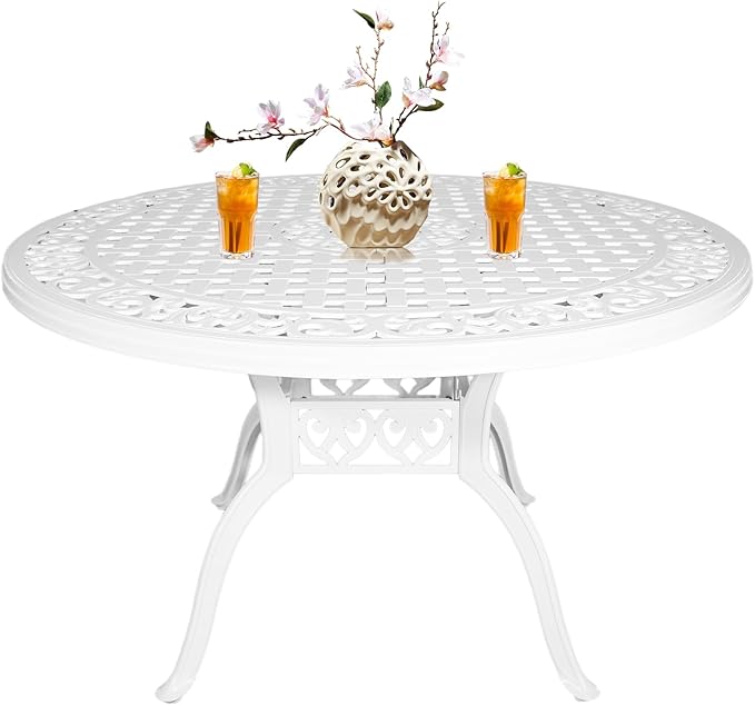 48" Cast Aluminum Outdoor Dining Table,Dining Conversation Side Table, Patio Bistro Table with 2.36" Umbrella Hole for Backyard, Garden, Patio, Porch