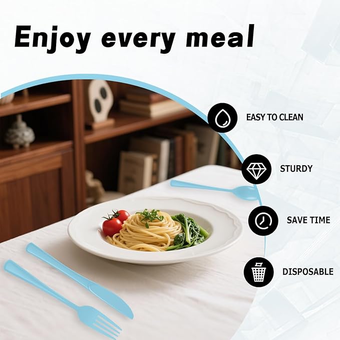 Plastic Silverware 150 PCS Disposable Silverware Heavy Duty Utensil Sets 50 Of Each Forks Knives & Spoons Disposable Cutlery Set For Easter,Birthday,Baby Shower,Garden Party,Wedding(150,Light Blue)