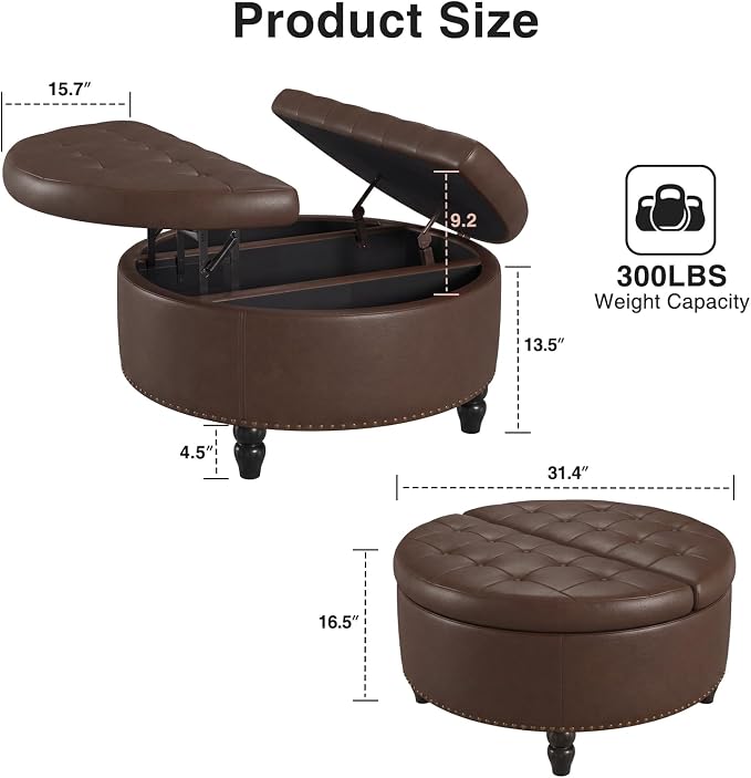 FiveWillowise 31.5 Inch Large Round Ottoman with Storage Circular,Chocolate | Leather Coffee Table with Lift Top,Modern Upholstered Button Tufted Footrest Stool Solid Wood Legs for Living Room,Bedroom