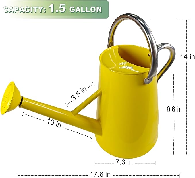Watering Can for Outdoor&Indoor Plants，1.5 Gallon（5.7L） Metal Watering Can with with Removable Spout，Large Galvanized Steel Garden Flower Water Can Watering Pot with 2 Stainless Steel Handles，Yellow