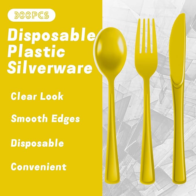 Plastic Silverware 300 PCS Disposable Silverware Heavy Duty Utensil Sets 100 Of Each Forks Knives & Spoons Disposable Cutlery Set For Easter,Birthday,Baby Shower,Garden Party,Wedding(300,Yellow)