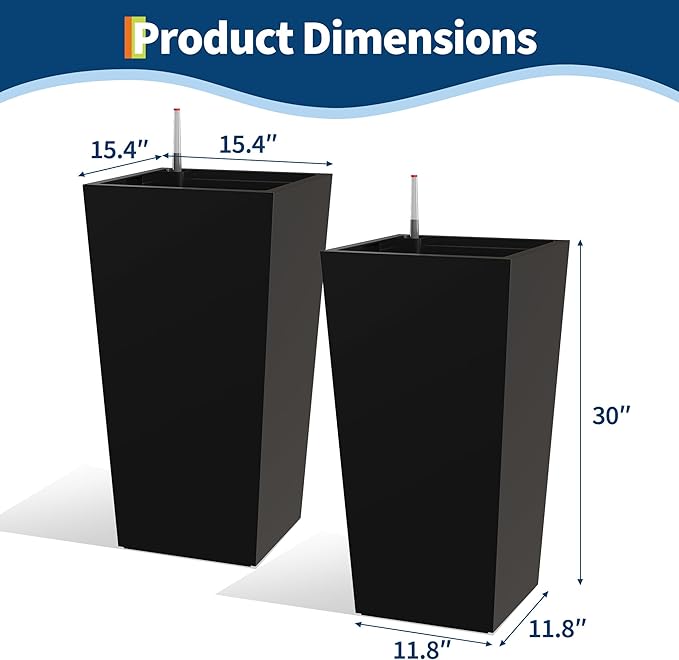 30 Inch Tall Self Watering Planters for Patio, Set of 2 Large Square PP Plastic Planters with Water Reservoir, Modern Floor Standing Self-Watering Pots for Indoor Outdoor Home Garden Decor, Black