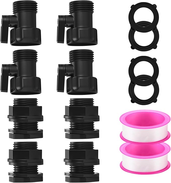 3/4 Inch Rain Barrel Spigot Kit with 3/4 Inch Shut Off Valve & Bulkhead Fitting, Plastic Garden Hose Faucet Adapter for Rain Barrels Aquariums Water Tanks Tubs Pools Spigot（4 Pack ）
