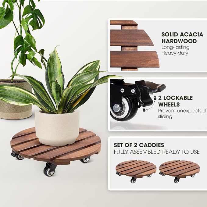 2-Pack 14 Inch Acacia Wood Plant Caddy with Wheels – Heavy-Duty Plant Dolly with 264 Lbs Capacity, 360° Lockable Wheels for Large Plant Pots, Heavy Objects, Ideal for Indoor and Outdoor Use