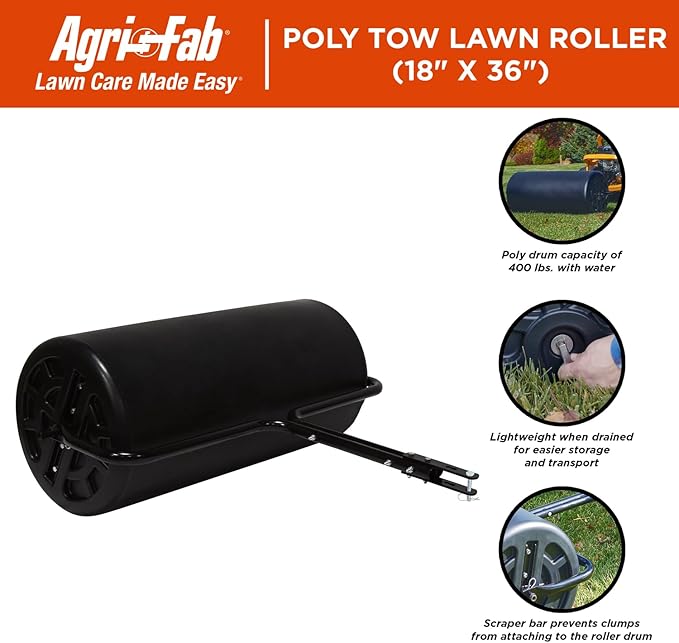 Agri-Fab 45-0606 18" x 36" Tow Behind Poly Lawn Roller 400 lbs weight with water, Poly Drum and Steel Frame, with Plug. Designed for Lawn and Garden Tractors