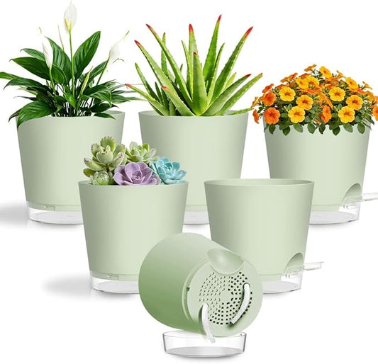 Self Watering Pots for Plants, 2026 New Flower Plant Pots with Drainage Holes, Wicking and Clear Reservoirs for Succulent, Aloe, Cacti and Others - 6 Pack (Green, 5")