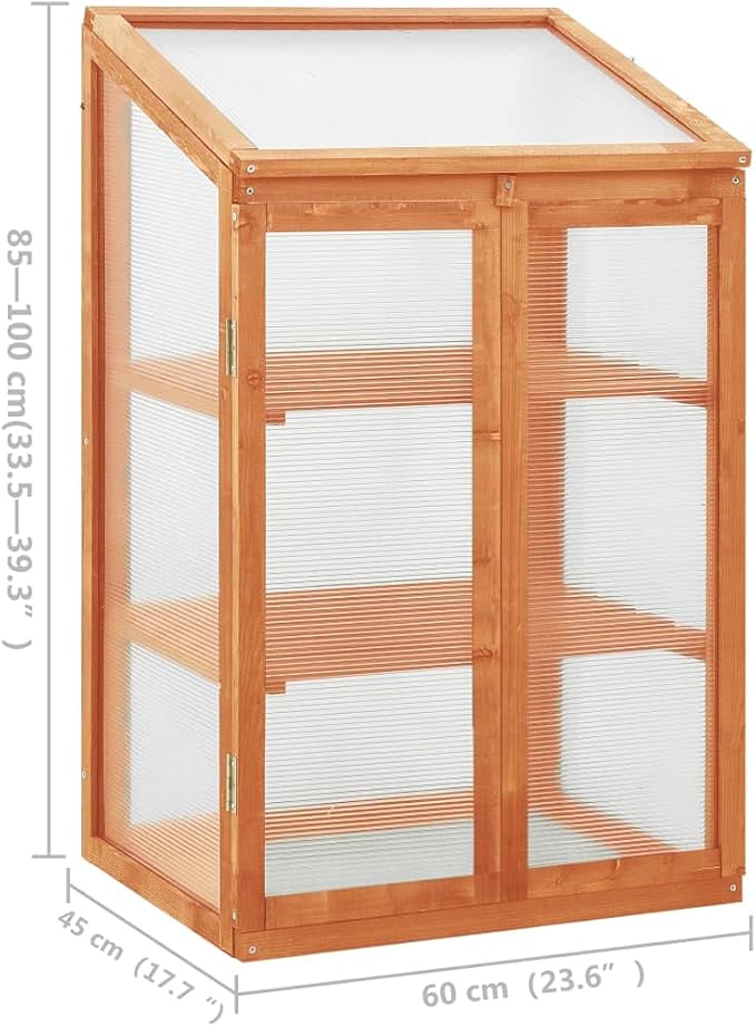 vidaXL Greenhouse - Firwood PC Board Garden Greenhouse - Brown Yellow Outdoor Planting Unit with Hinged Lid and Shelving System, 23.6" x 17.7" x33.5"/39.4