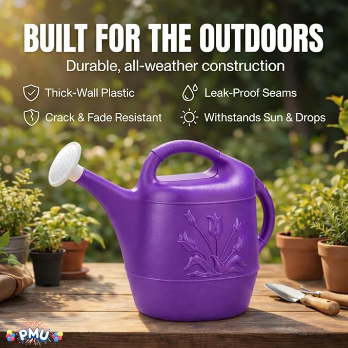 PMU 2 Gallon Watering Can - Garden Watering Can for Indoor & Outdoor Plants - Plastic Water Can with Detachable Sprinkler Head - Large Water Pot, Made in USA - Purple Pkg/6