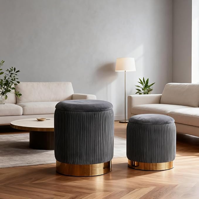 Round Ottoman with Storage Set of 2 Gray Velvet Vanity Stool