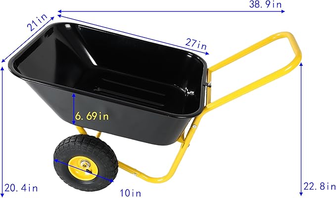 Dual Wheel Garden Wheelbarrow, 35L Heavy Duty Dual Wheel Yard Cart with 10" Pneumatic Tires, Leak-Proof No-Hole Design, Black ABS+Steel Frame for Garden, Yard & Construction (Black)