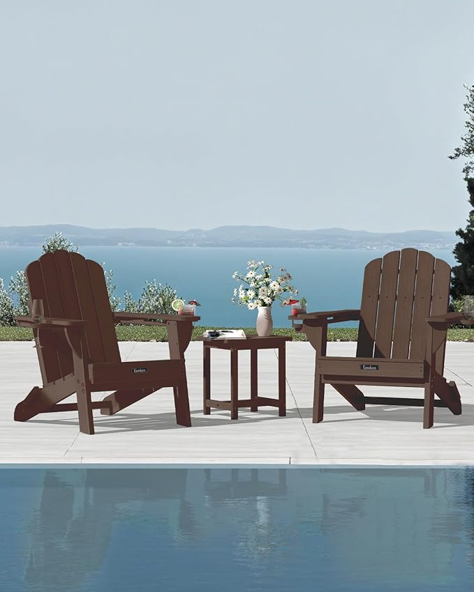 Adirondack Chairs Set of 2, HDPE Material Fire Pit Chairs, Plastic Adirondack Chairs with 2 Cup Holder, Outdoor Lawn Chair for Patio Garden, Brown