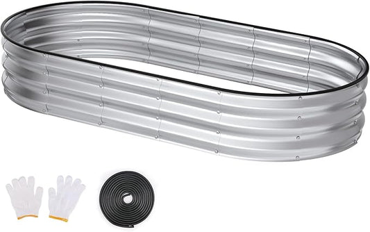 Raised Garden Bed, 6x3x1ft Galvanized Outdoor Planter Beds with Safety Edging and Gloves, Oval Metal Planter Box for Gardening Vegetables Flowers Herb-Silver