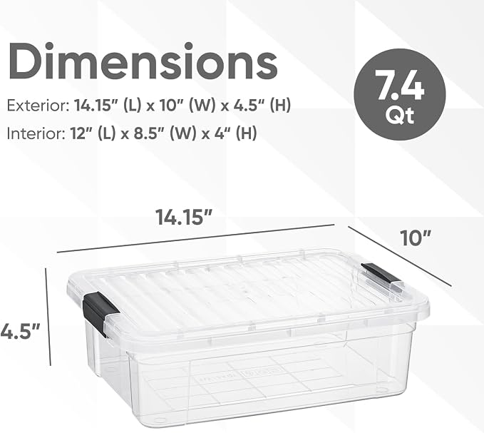Superio 7.4 Quart Clear Plastic Storage Bin with Lid, Stackable Organizer Box, BPA-Free Storage Container for Home, Garage, School & Office, 4 Pack