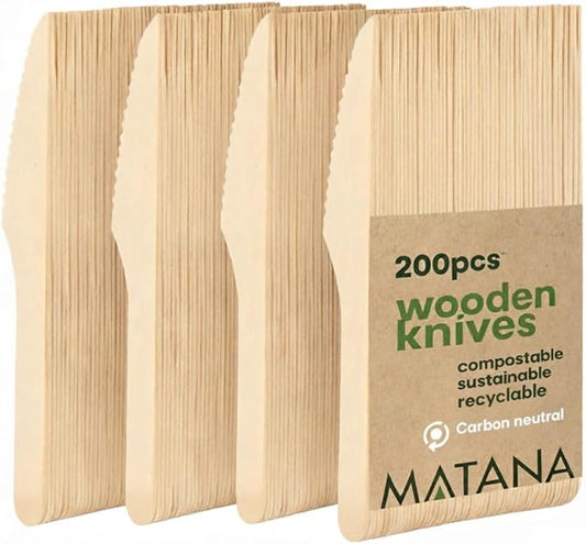 MATANA - 100% Natural Disposable Bamboo Wooden Knives 6.5" Inch (200 Pack) - Compostable Cutlery, Biodegradable Utensils for Garden Parties & Summer Events