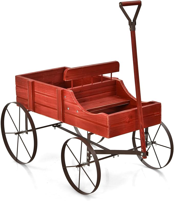 Wooden Wagon Planter, Decorative Flower Pots w/ 2 Planting Sections, Wheels & Handle, Rustic Farmhouse Garden Planter Box for Patio, Yard, Porch (Red)
