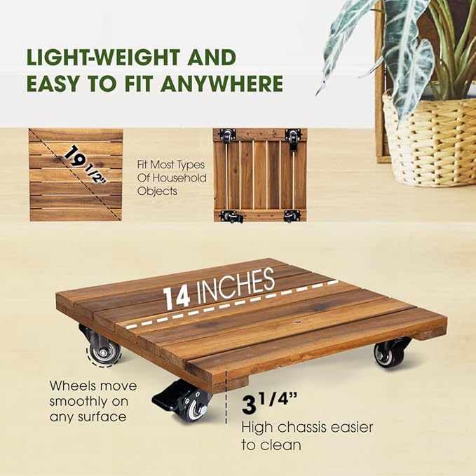 2-Pack 14 Inch Wood Plant Caddy with Wheels Heavy Duty, 264 lbs Acacia Hardwood Plant Caster Dolly Rolling Stand with 360° Lockable Wheels for Heavy Plant Pots and Outdoor Use
