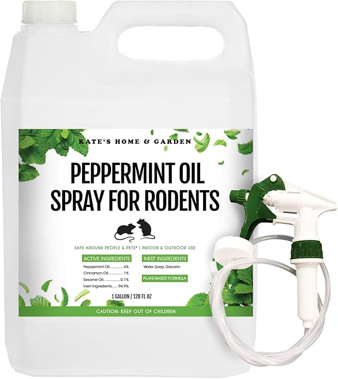 Kate's Home & Garden Peppermint Oil Spray for Rodents, Mice, Squirrels. Rodent Repellent Indoor for Car Engines & Outdoor (1 Gallon, Non Toxic)