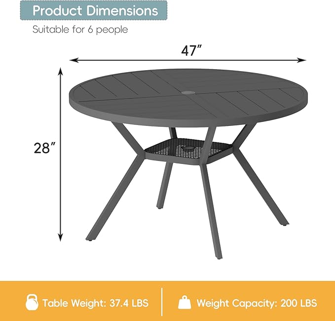 47" Outdoor Patio Table Dining Table, All Weather Metal Round Patio Table with Adjustable Umbrella Hole, Patio Furniture for Lawn Garden Backyard, Grey