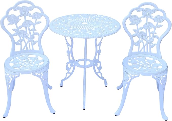 3-Piece Cast Aluminum Outdoor Bistro Set, Outdoor Table and Chairs Set of 2 with Umbrella Hole for Patio Garden Park(White, Rose)