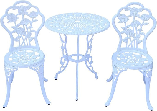 3-Piece Cast Aluminum Outdoor Bistro Set, Outdoor Table and Chairs Set of 2 with Umbrella Hole for Patio Garden Park(White, Rose)