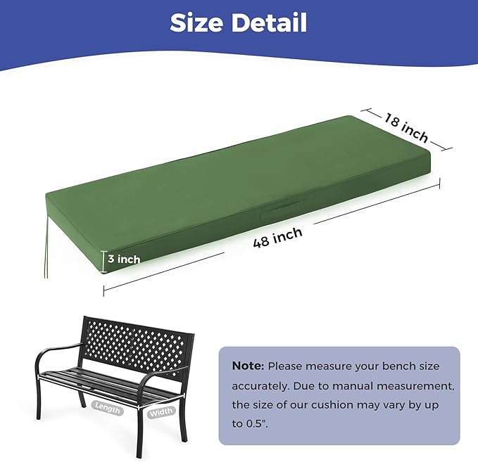 IPYNBAP Outdoor Bench Cushions for Outdoor Furniture, 48x18x3 Inch, Waterproof Bench Pillow, Fade Resistant Long Bench Seat Pads for Garden, Indoor, Porch Swing, Army Green