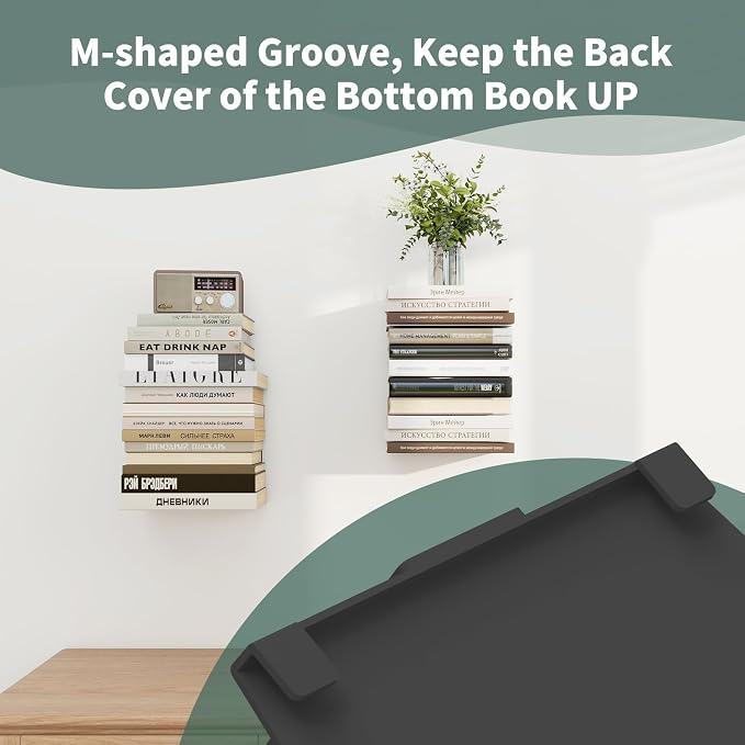 Mefirt 4 Tier Black Invisible Floating Bookshelves for Wall | Vertical Spine Book Tower, Heavy Duty Floating Book Shelves Metal Book Organizers for Home Office, 2 Pack