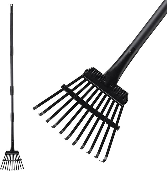 Small Rake for Leaves, 11 Metal Tines Narrow Leaf Rake, 60'' Leaf Rakes for Lawns with Adjustable Steel Handle for Camping Flower Beds Mulch Shrub, Black