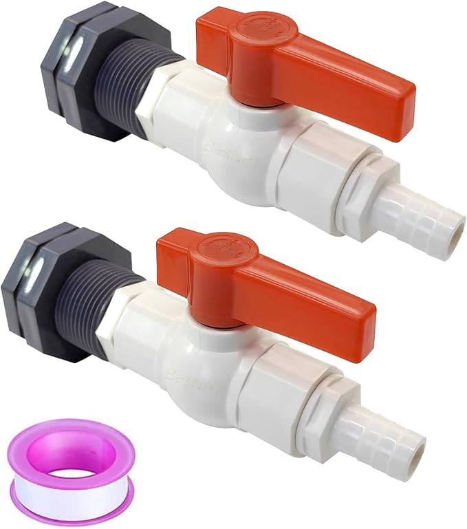 2Pcs Rain Barrel Spigot Faucet Kit with PVC Bulkhead Fitting Ball Valve Thread Seal Tape Clamps and Garden Hose Barb Adapter (5/8" Barb), fits 1-3/8 and 1-1/2 ID Hole