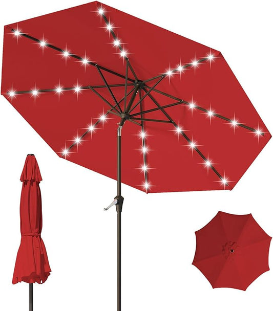9FT Patio Umbrella with Solar Lights,Outdoor Market Umbrella with Tilt and Crank, LED Lighted Table Umbrella for Garden,Deck,Backyard,Pool,Beach
