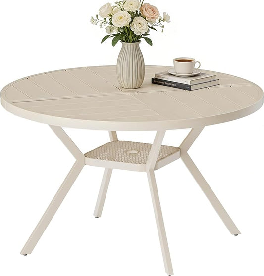 47" Outdoor Patio Table Dining Table, All Weather Metal Round Patio Table with Adjustable Umbrella Hole, Patio Furniture for Lawn Garden Backyard, Sandshell