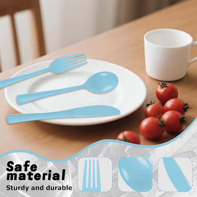 Plastic Silverware 300 PCS Disposable Silverware Heavy Duty Utensil Sets 100 Of Each Forks Knives & Spoons Disposable Cutlery Set For Easter,Birthday,Baby Shower,Garden Party,Wedding(300,Light Blue)