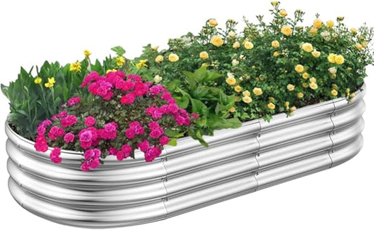 RAYKEEP Galvanized Raised Garden Beds, 4x2x1ft Outdoor Raised Garden Boxes, Oval Large Bottomless Metal Elevated Garden Bed Planter Box for Vegetables, Fruits, Flower