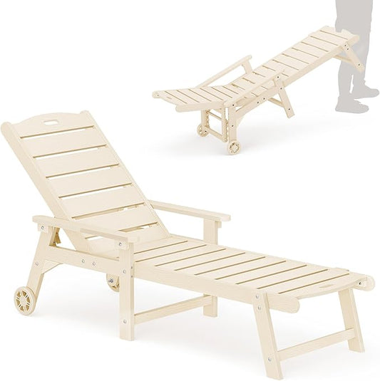 LUE BONA Outdoor Chaise Lounge, HDPS Chaise Lounger, 5 Positions Adjustable Lounge Chairs, Pool Lounge Chair with Wheels for Poolside, Backyard, Sand