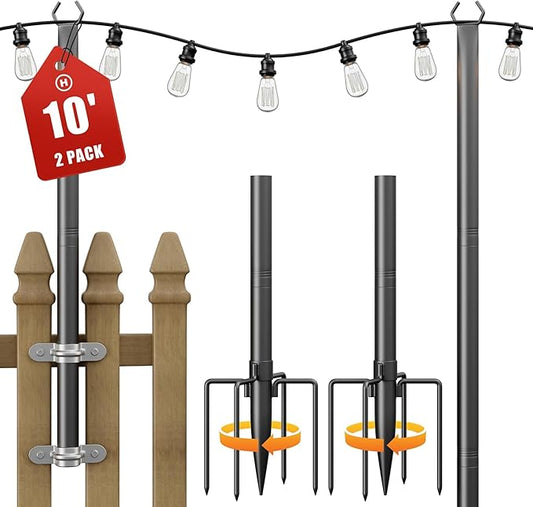 Jusgym String Light Poles for Outside 2 Pack, 10Ft Metal Poles Stand for Hanging Outdoor Light Strings, Adjustable Light Poles with Fork, for Patio, Deck, Backyard, Garden, Party