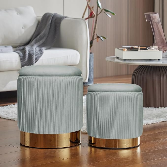 Round Ottoman with Storage Set of 2 Light Grey Velvet Vanity Stool
