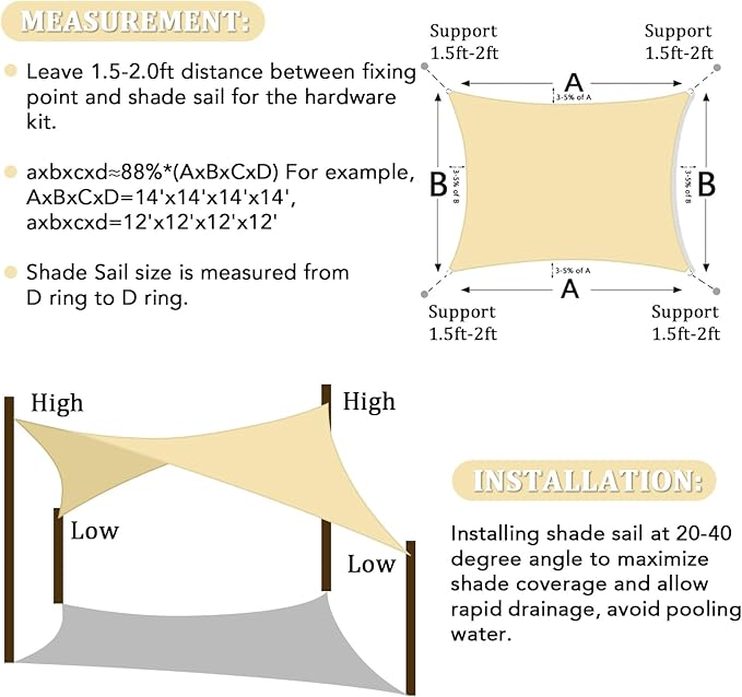 Shade&Beyond Custom 14'x14' Sun Shade Sail Canopy Rectangle UV Block Breathable Curved Sunshade for Backyard Yard Deck Outdoor Facility and Activities, Beige (We Make Custom Size)