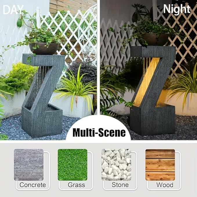 32" Modern Z-Shaped Rain Curtain Outdoor Fountain with LED Lights, Gray Resin Cascading Waterfall Water Feature for Patio, Backyard, Garden or Porch